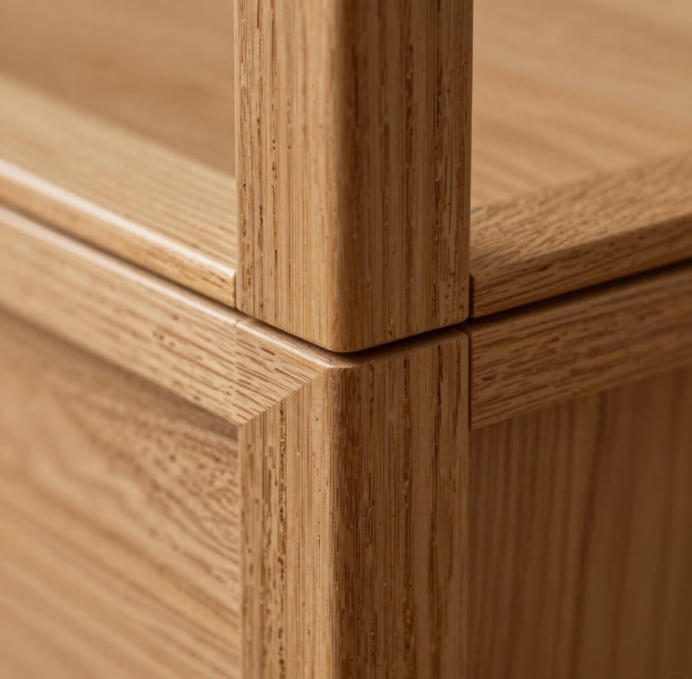 Extreme close-up macro shot of a perfectly executed wood joint, warm oak texture, seamless architectural millwork detail under soft side lighting.