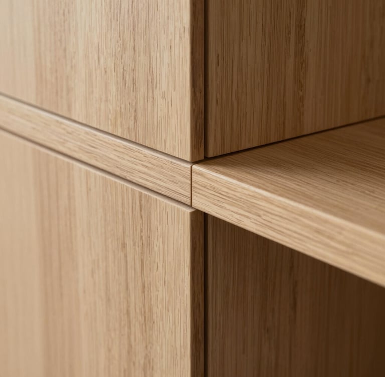 Minimalist architectural close-up of a perfectly aligned oak wood joint, soft natural side lighting, emphasizing precision and craftsmanship.