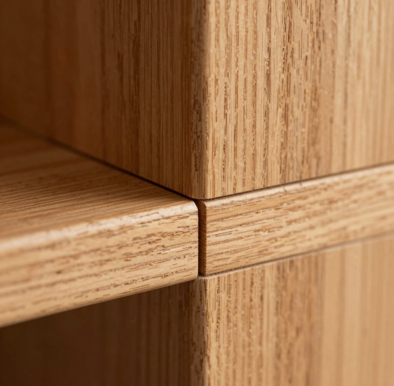 Macro close-up of a perfectly executed wood joint in warm oak, showing the fine grain and seamless technical alignment under soft natural daylight.