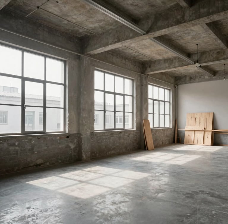 Wide architectural shot of a modern, clean industrial wood workshop, soft natural light streaming through high windows, clean slate-gray floors, minimalist aesthetic.