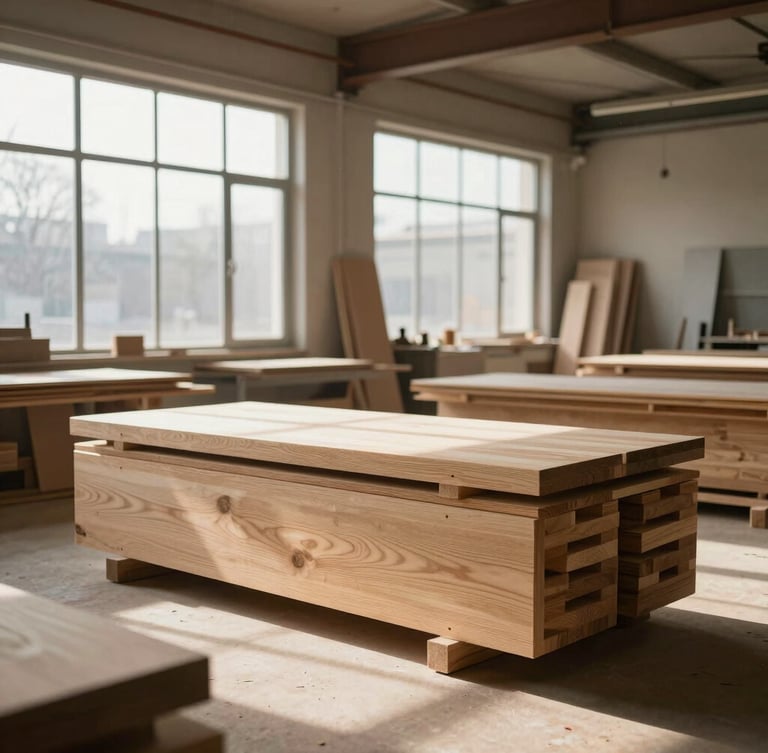 Portrait architectural shot of a modern joinery workshop, warm sunlight streaming through high windows onto premium oak timber stacks, clean dust-free environment, professional depth of field.