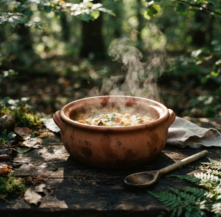 Warm editorial photography of a steaming terracotta clay pot on a dark wooden surface, dappled forest sunlight filtering through leaves, shallow depth of field, 35mm
