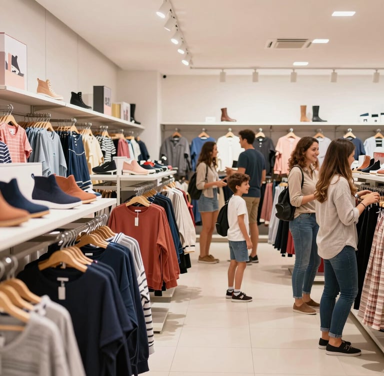 Interior moderno da loja Mega Estação, bem iluminado, com corredores amplos e expositores organizados de roupas e calçados, clientes sorrindo ao fundo, foco na atmosfera convidativa, imagem sangrando para a borda.