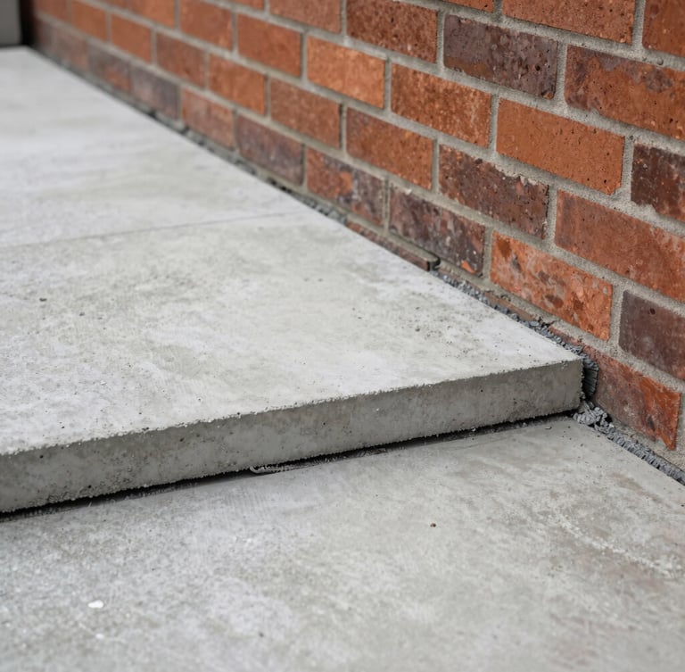 Close-up of a precision-laid concrete foundation slab meeting a newly erected brick wall, clean straight lines, overcast Irish daylight.