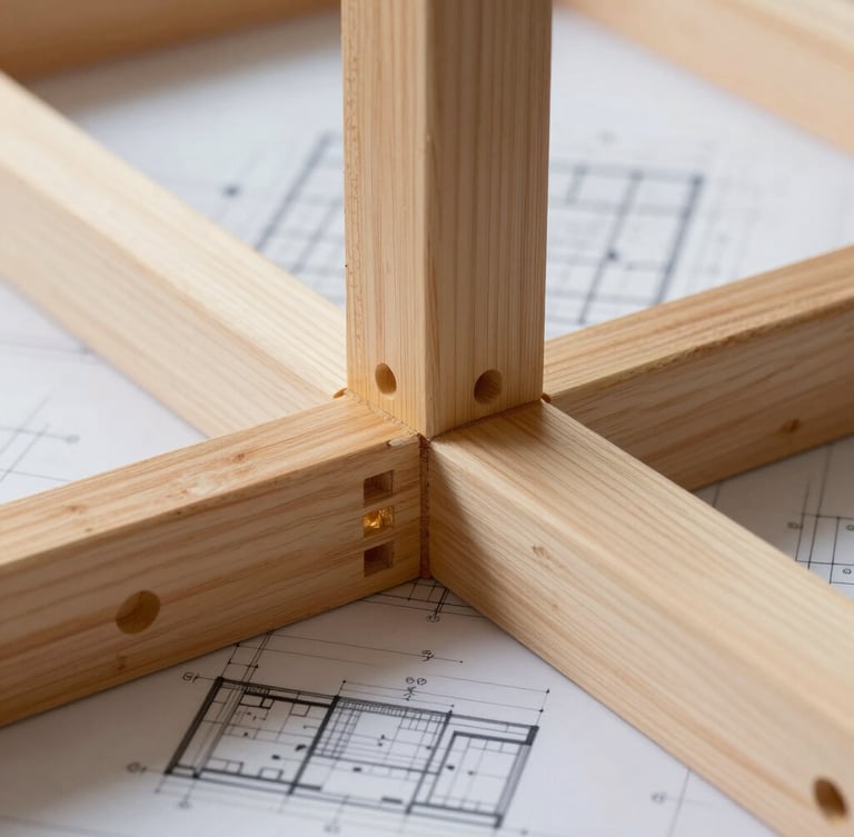 Close-up of a precision-fitted timber frame joint with high-performance structural insulation visible, architectural blueprint overlay style, soft natural daylight