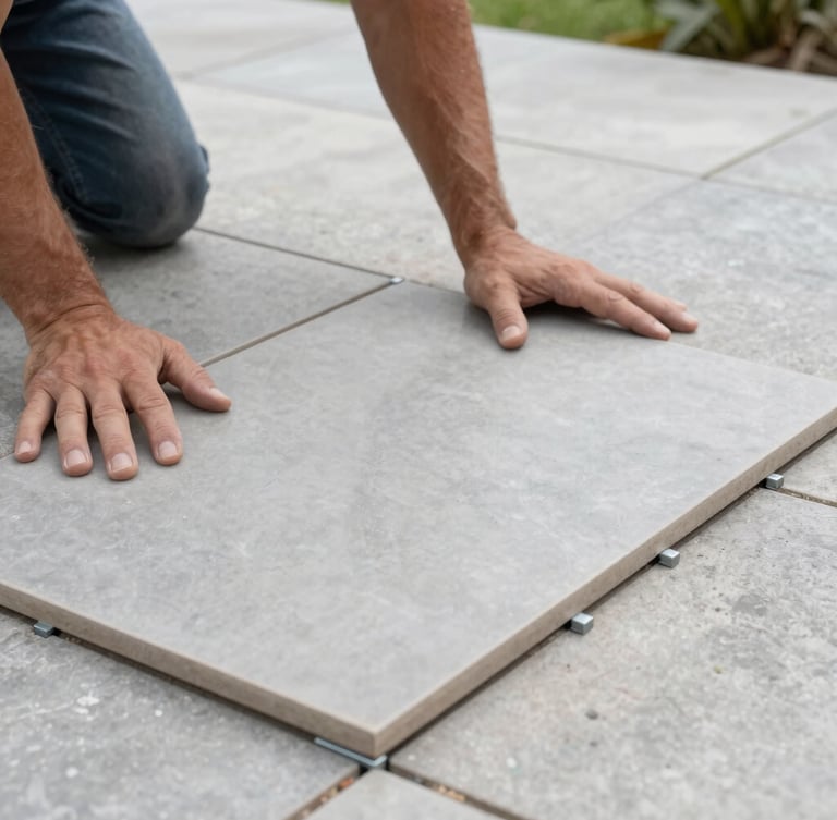 A close-up of a mason aligning a large-format grey porcelain patio tile in a Dublin garden, soft overcast daylight, perfectly level joints, clean metal spacers visible.