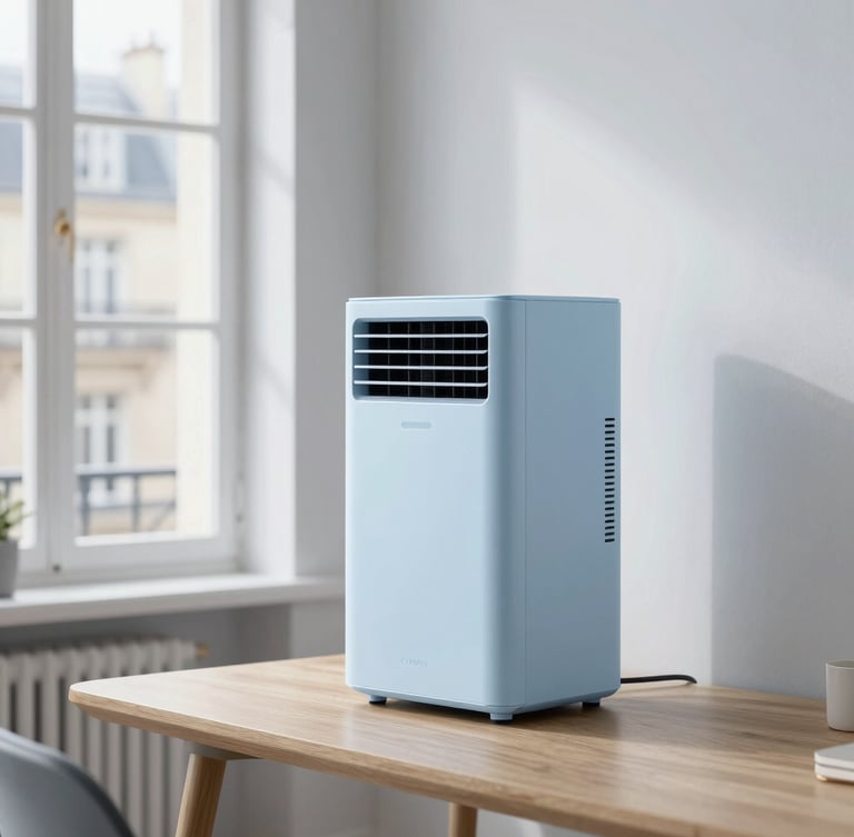 Elegant minimalist mobile air conditioner placed near a sleek wooden desk in a bright Parisian apartment, soft cool daylight, slate and ice-blue tones, 35mm