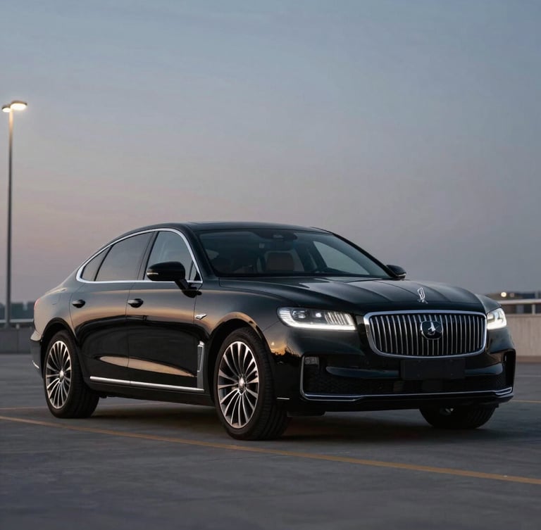 Cinematic wide shot of a gleaming black executive sedan parked in low-key evening light, soft streetlamp reflections on pristine obsidian paint, sharp focus, 35mm lens