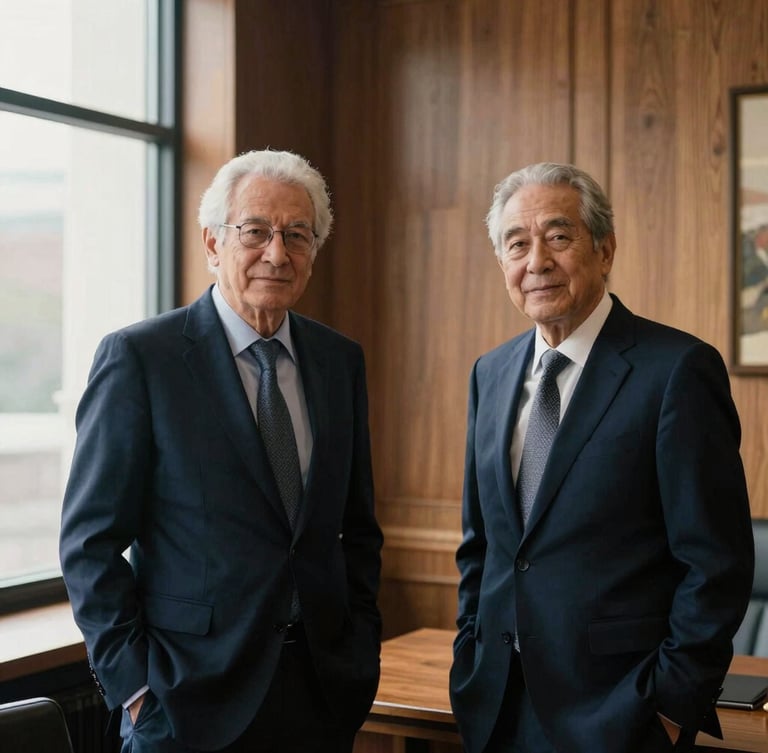 Understated portrait of senior business partners in a warm, wood-paneled office, soft natural window light, deep navy tones, editorial 35mm photography