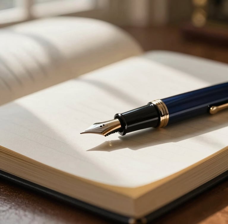 Macro close-up of a vintage fountain pen resting on a heavy financial ledger, soft natural window light casting deep shadows, warm champagne tones, elegant office interior, 35mm lens.