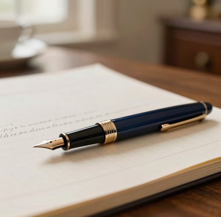 Close-up of a classic fountain pen resting on structured financial ledgers, elegant office desk, soft side lighting, warm champagne and deep navy tones