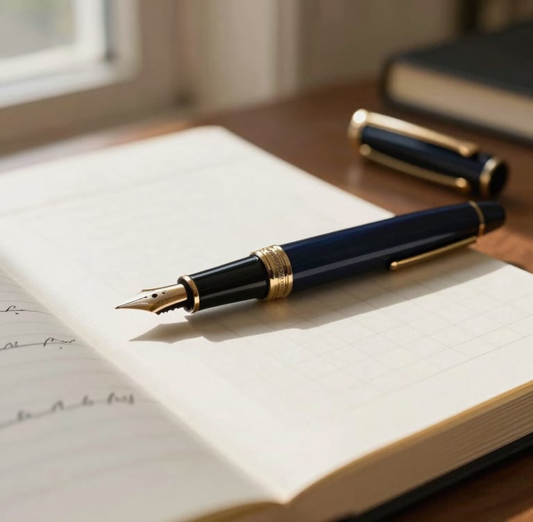 Understated close-up of a classic fountain pen resting on a structured financial ledger, warm champagne window light casting deep shadows, elegant office interior, 35mm lens