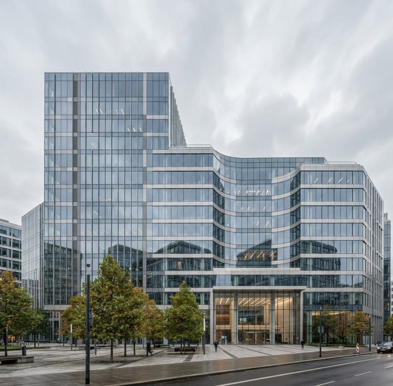 Wide panoramic view of a modern corporate building facade with clean lines, reflecting an overcast sky, professional architectural photography, muted corporate tones, natural daylight.