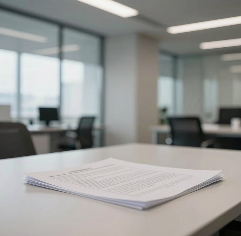 Professional architectural photo of a modern, uncluttered corporate office interior, focus on a clean desk with legal documents, soft natural lighting.