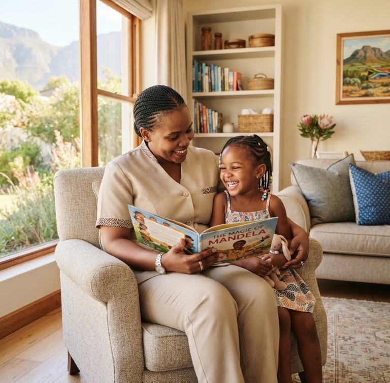 A warm, sunlit South African living room where a professional nanny in a neat uniform is reading a book to a smiling young child, soft natural daylight.