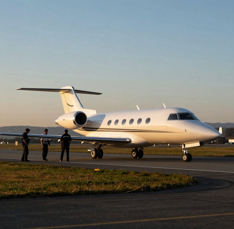 Private jet on a runway in Zurich at dawn, ground crew preparing for departure, soft golden light, wide environmental shot, shallow depth of field, 35mm.