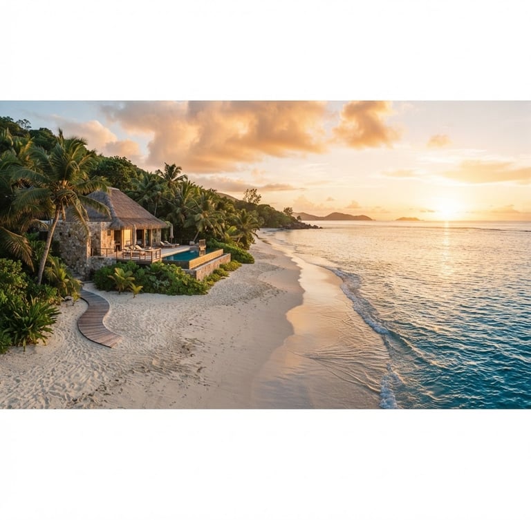 Wide panoramic view of an empty pristine beach at dawn in a luxury tropical destination, with a private villa in the background, golden hour light, shallow depth of field, 35mm.