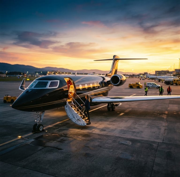 Wide panoramic of a sleek private jet on a tarmac at golden hour sunset, luxurious interior visible, ground crew in the distance, shallow depth of field, 35mm