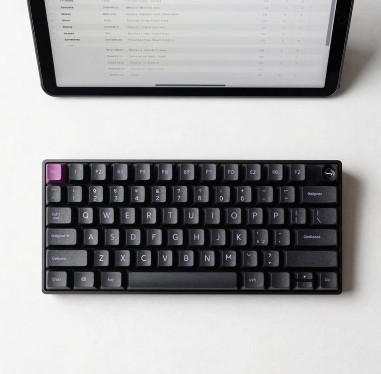 Straight-on flat lay of a minimalist mechanical keyboard and a clean tablet displaying structured database schemas, cool diffused studio lighting, crisp shadows