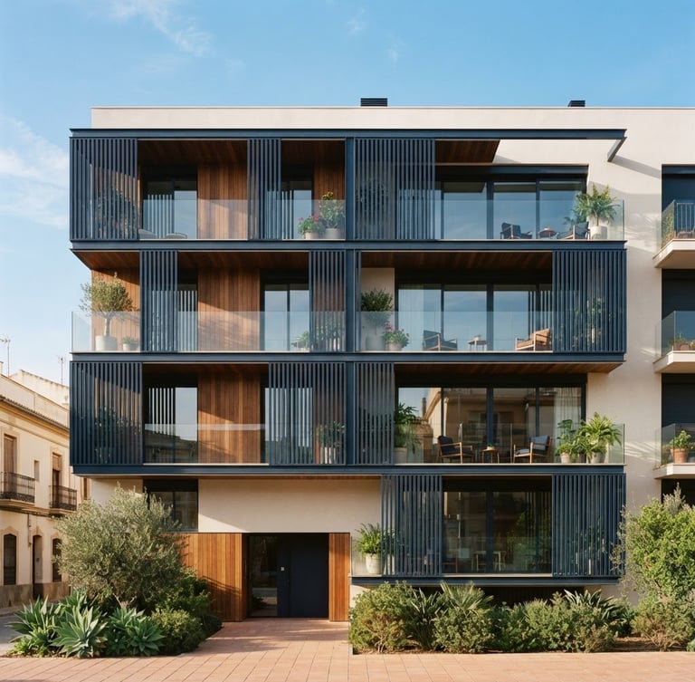 Architectural shot of a modern residential facade in Valencia, natural Mediterranean daylight, elegant navy and tobacco tones, soft shadows, editorial 35mm