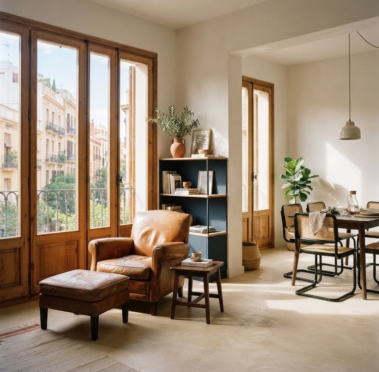 Bright architectural interior of a renovated apartment in Valencia, warm Mediterranean sunlight streaming through historical wooden windows, microcement floor, elegant tobacco brown furniture details, editorial 35mm