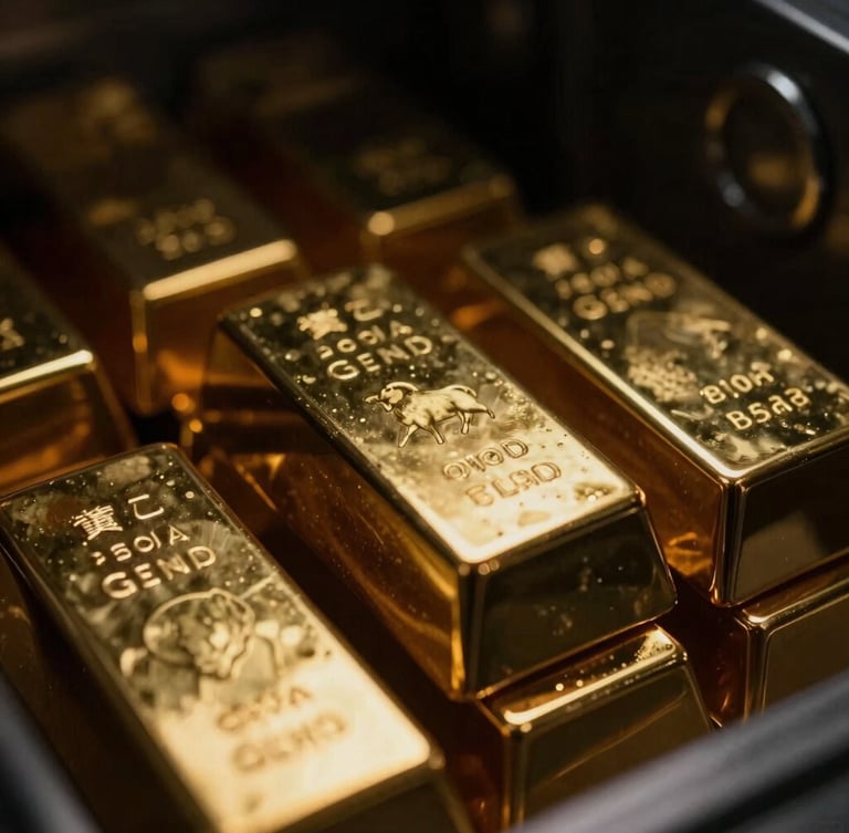 Macro close-up of physical gold bullion bars stacked in a dark, secure vault, with subtle metallic gold reflections and dramatic low-key lighting, 35mm.