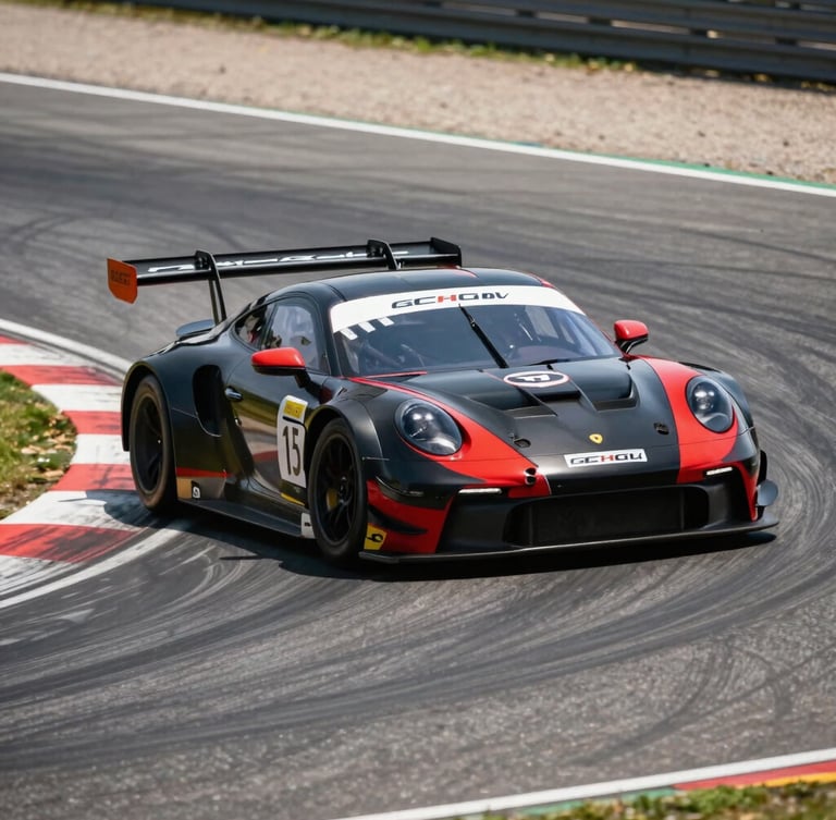Dynamic panning shot of a black and red GT3 race car apexing a track corner under harsh daylight, deep tire marks on asphalt.