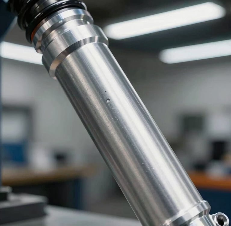 Extreme close-up of a machined billet aluminum suspension upright, clean technical workshop background with LED lighting, sharp metallic reflections.