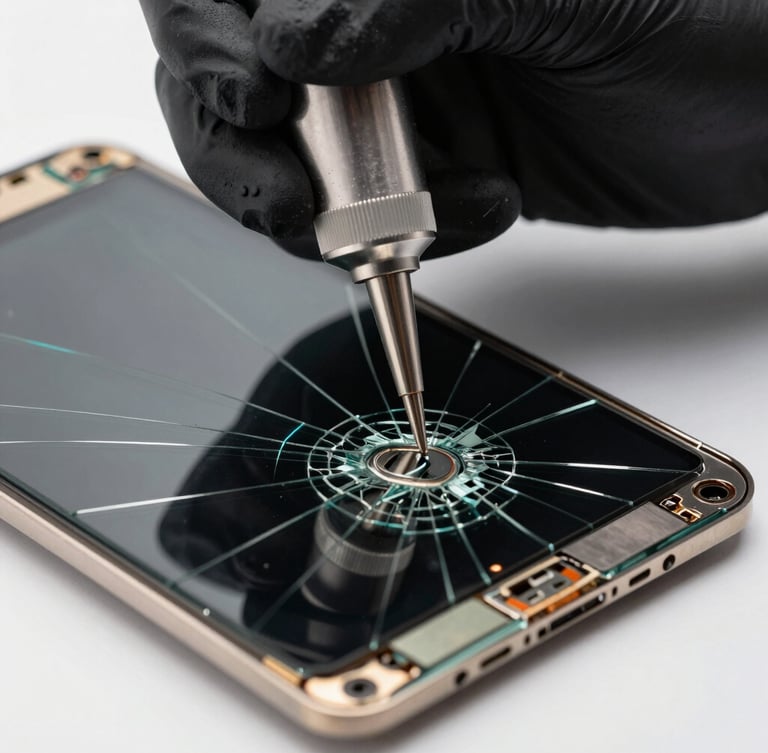 Extreme close-up of hands in black anti-static gloves using a suction tool to lift a cracked glass screen from a titanium frame, cool studio lighting.