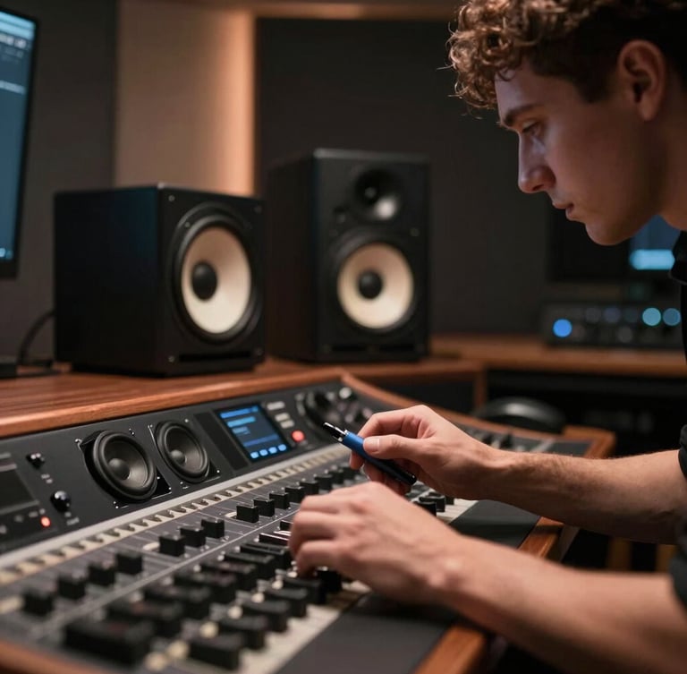 Moody close-up of a certified sound engineer calibrating a high-end speaker array, low-key ambient lighting, warm copper accents, focused gaze, professional studio tool in hand, 35mm