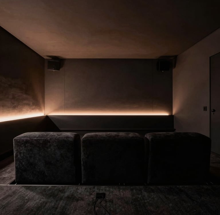 Moody architectural photography of a minimalist home cinema room, low-key ambient lighting with a soft copper glow, plush dark seating, zero visible cables, 35mm.