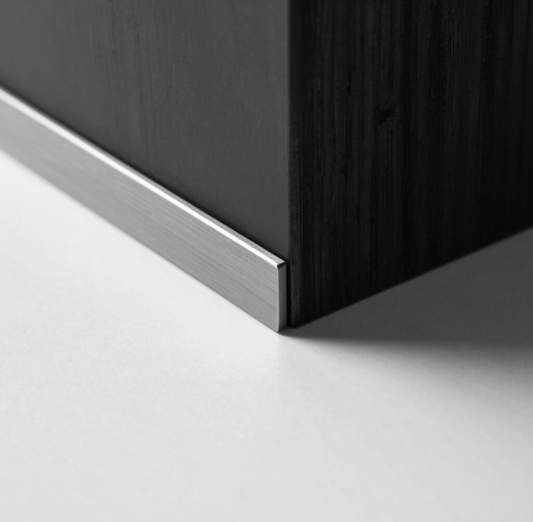 Minimalist studio photography, stark monochrome, high-contrast cool studio light, close-up of premium matte steel and dark wood textures, sharp shadows, architectural composition