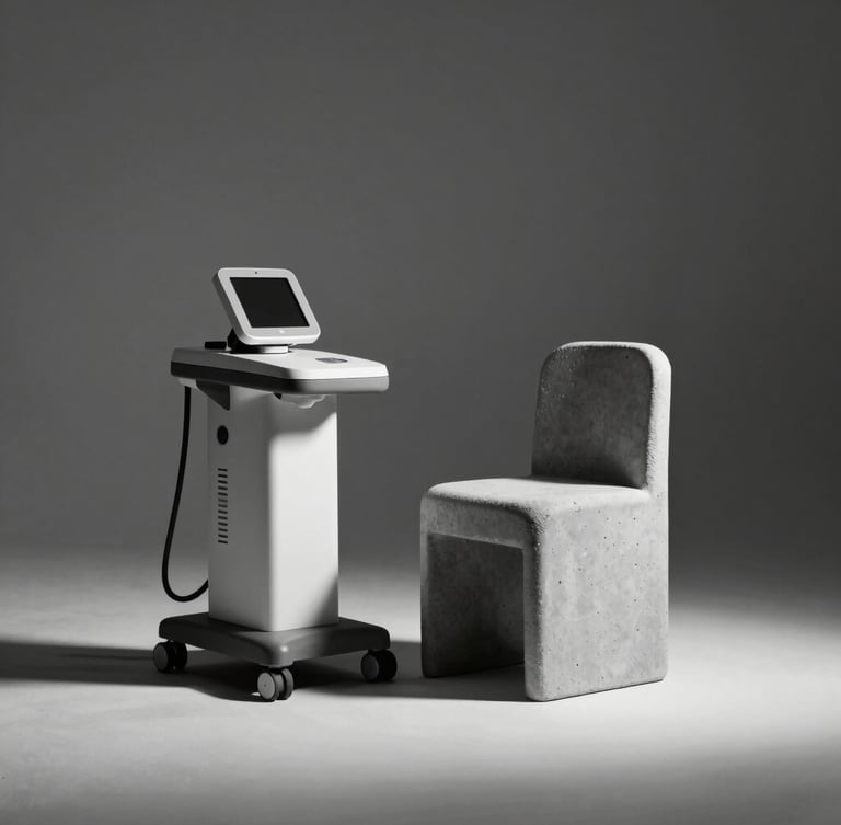 Minimalist studio photography of a sleek modern medical device alongside a raw concrete chair, stark monochrome, high-contrast cool studio light, sharp shadows, architectural composition, 50mm lens