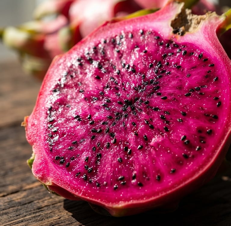 Macro detail shot of a sliced pitaya revealing vibrant pink flesh and black seeds, bright natural daylight, sharp contrast shadows