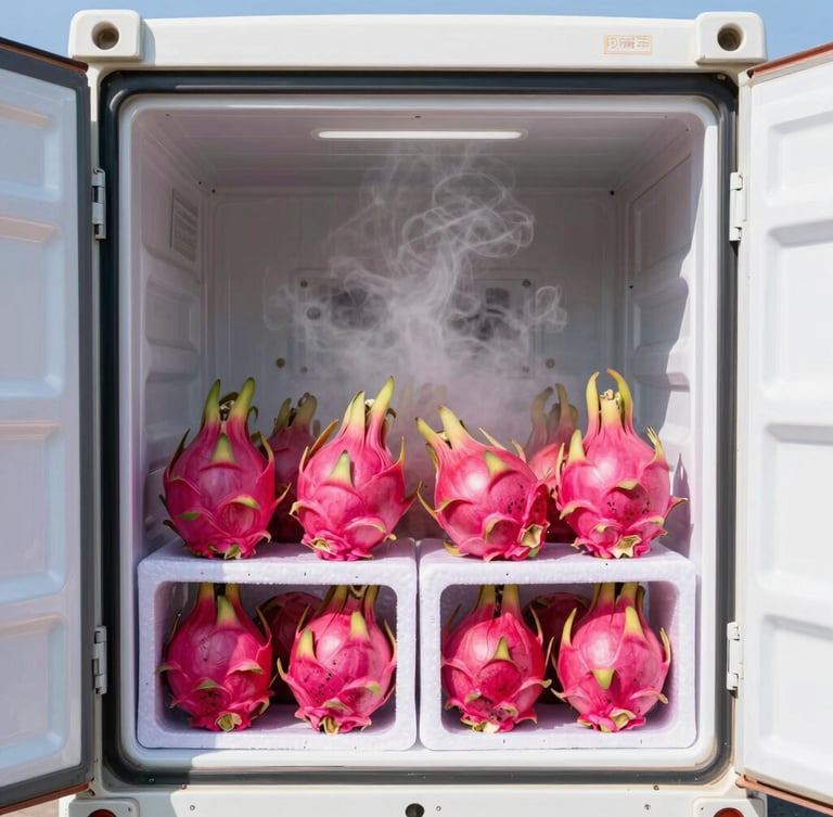 A high-tech refrigerated shipping container open, revealing crates of pristine pink dragon fruit under cold mist, bright sharp studio-style lighting, high contrast.