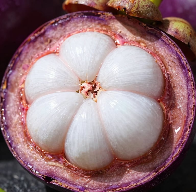 Macro close-up of a sliced open purple mangosteen with pristine white segments, set against a dark, high-contrast background under bright natural daylight.