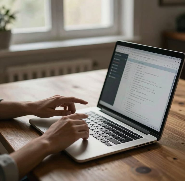 Soft daylight filters through a window onto a wooden dining table where hands point gently to a laptop screen, showing a clear and clean desktop interface.