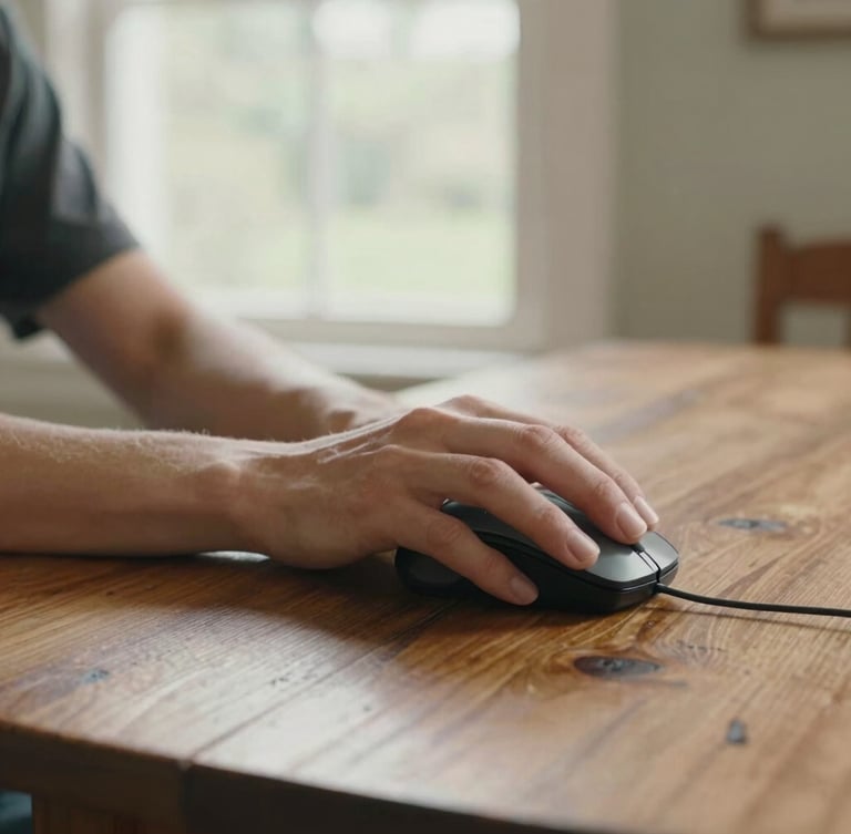 Medium-wide shot of hands gently guiding a computer mouse on a rustic wooden dining table, soft natural daylight filtering through a home window, warm and calm domestic atmosphere.