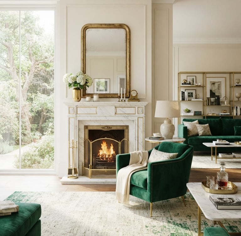 Bright editorial interior photography, soft natural daylight, pristine luxury living room with white marble fireplace and gold accents, crisp focus, 35mm lens