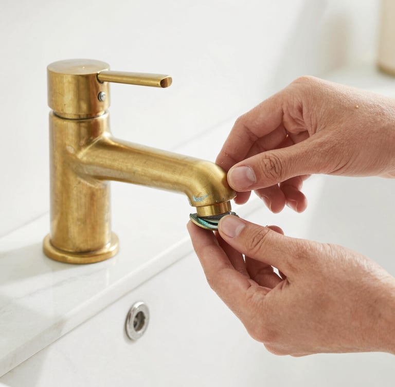 Macro shot of hands gently polishing a clean brass faucet on a white marble countertop, soft natural daylight, crisp focus.