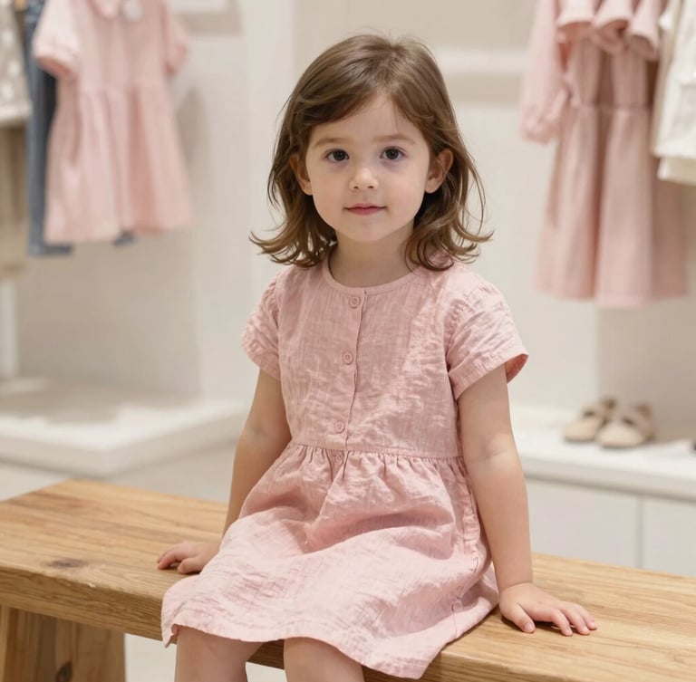 A candid medium-close portrait of a child in a soft blush pink linen dress sitting on a wooden bench in a sunlit boutique interior, warm editorial photography, soft natural daylight.