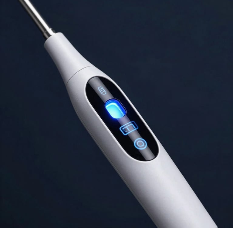Sleek modern intraoral scanner glowing with blue light on a dark clinical background, macro view, high-contrast technology photography