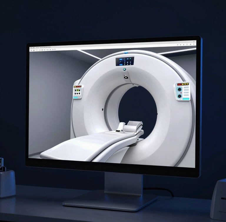 A 3D CBCT diagnostic scan displayed on a high-resolution monitor inside a modern, dimly lit Malaysian dental clinic, sharp focus