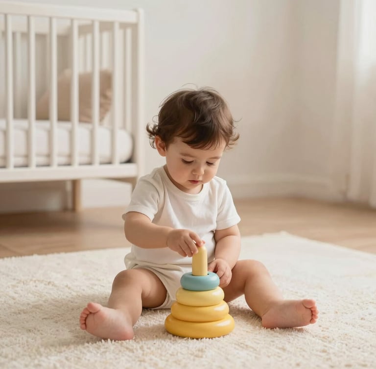 A minimalist modern nursery with soft light, a toddler sitting on a cream rug playing with a soft yellow stacking ring, eye-level framing, warm pastel tones.