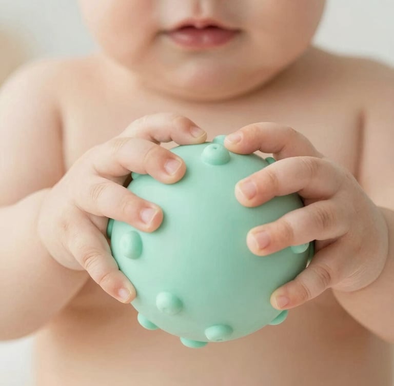 Close-up of a baby's hands grasping a soft, pastel-toned mint green textured sensory ball, warm diffused morning daylight, shallow depth of field, 35mm lens