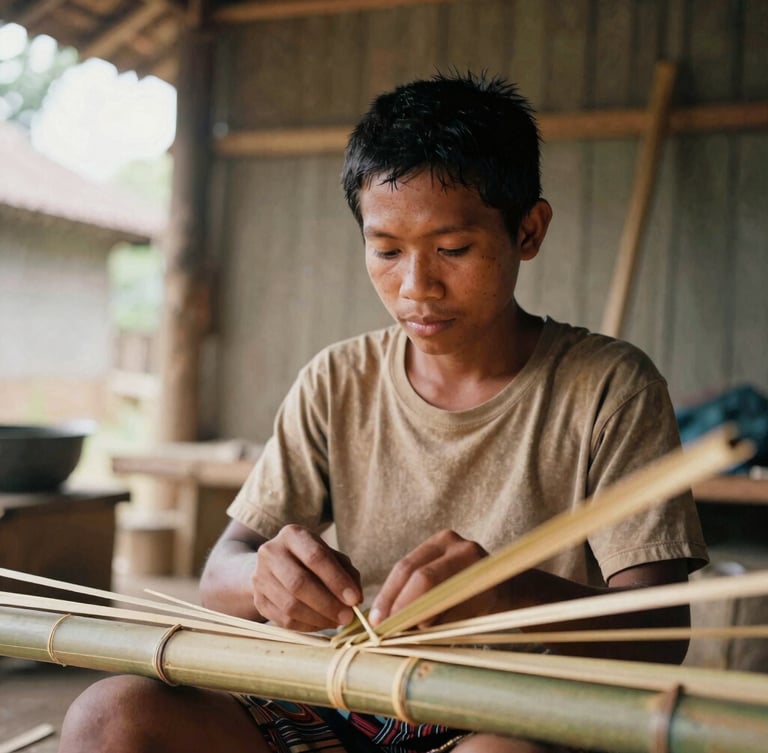A close-up environmental portrait of a young Naga craftsman working with bamboo in a naturally lit workshop, warm organic tones, 35mm documentary style.