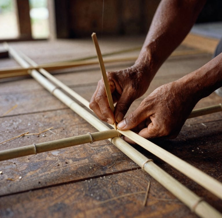 A close-up documentary photograph of a young Naga craftsman's hands carefully shaping a bamboo structure in a sunlit workshop, natural daylight, rich wood tones.