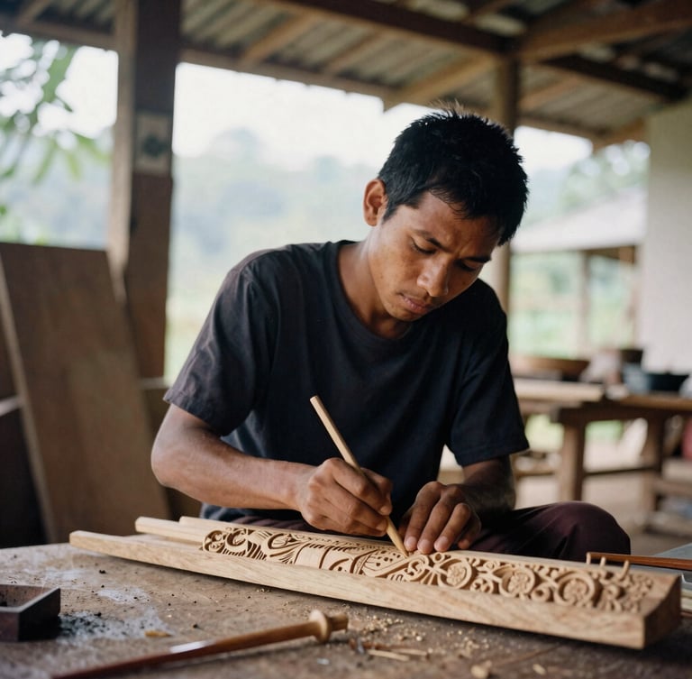 A medium environmental portrait of a young Naga craftsman working on a wood carving in a naturally lit workshop in Mokokchung, warm ambient light, authentic documentary style, 35mm film.
