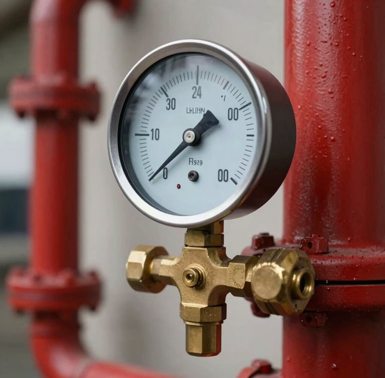 Close-up of a heavy-duty brass pressure gauge mounted on a red fire protection pipeline, crisp industrial lighting