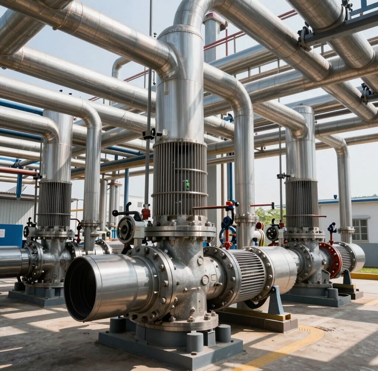 Wide environmental shot of a complex industrial pump room, crisp high-contrast daylight, clean metallic pipes